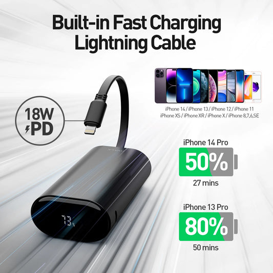 IWALK portable power bank with large capacity and fast charging comes with 9600mAh built-in cable suitable for iPhone Lightning