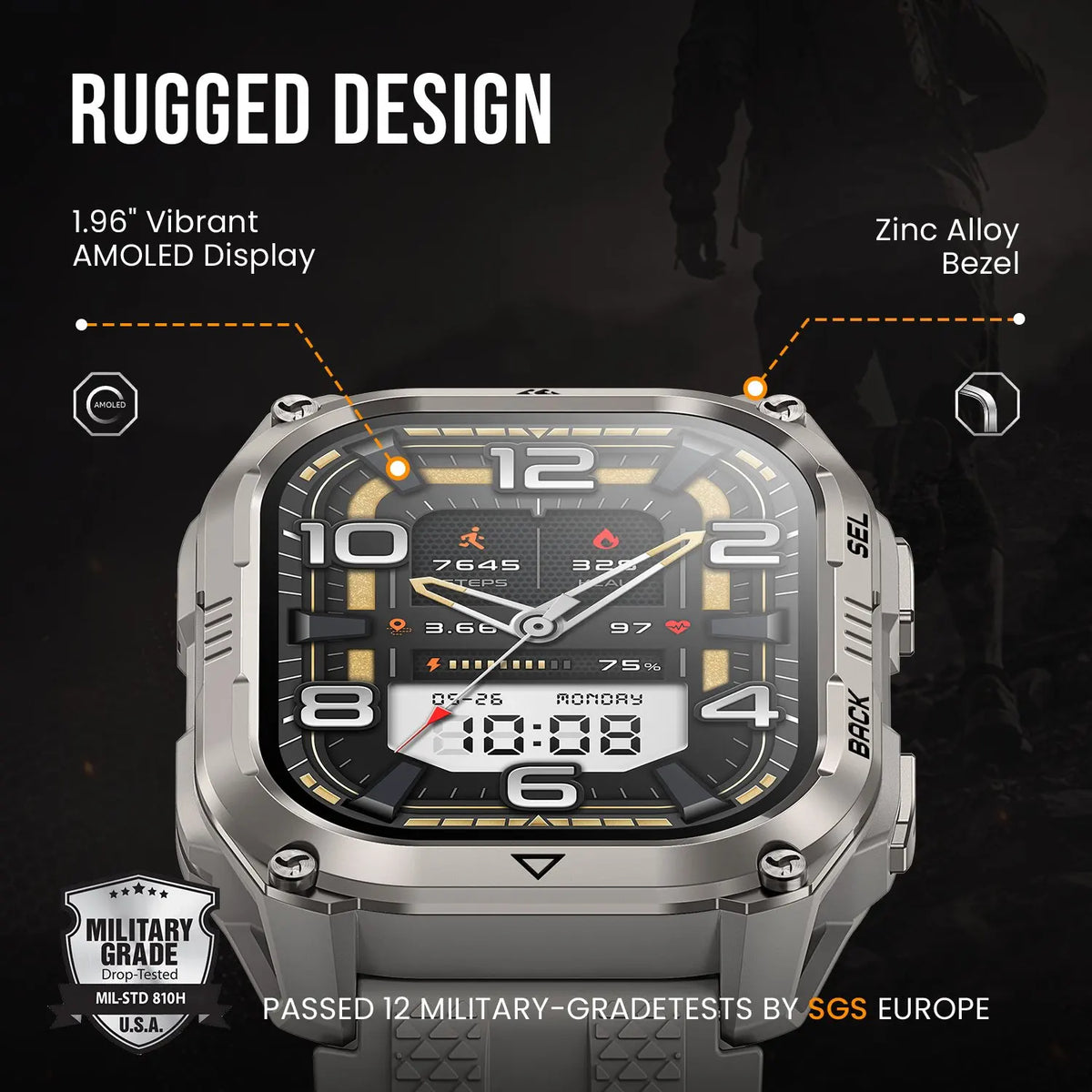 2026 KOSPET PULSE 2 Rugged Military Smartwatch Men Dual Band GPS 6 GNSS AMOLED 1.96" 5ATM IP69 LED Flashlight 170+ Sports