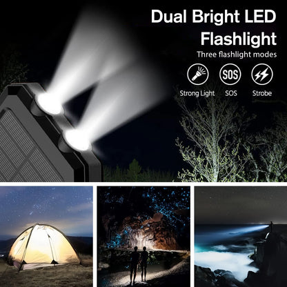 30000mAh Solar Power Bank Portable Dual 5V USB Ports 2 LED Light Flashlight Fast Charging for iPhone Samsung Tablets