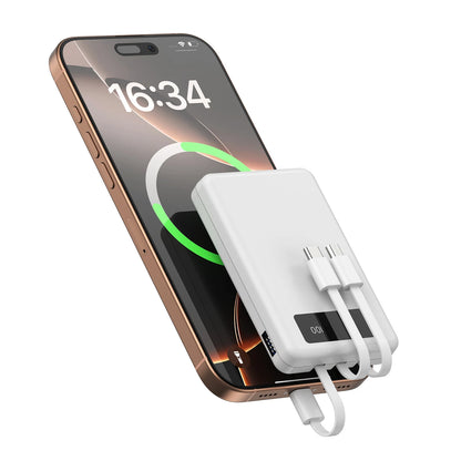 Mini Slim 10000mAh Portable Power Bank, Built-in LED Digital Display, 1 USB-A Port & 3 Integrated Cables, Small Lightweight Design, Multi-Device Simultaneous Charging for Travel, Camping and Emergency, Compatible with Android