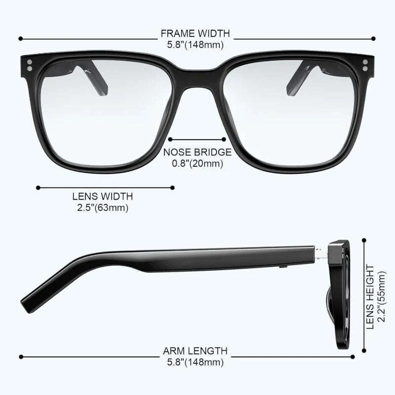 AI smart glasses with built-in translation for over 100 languages; transparent, blue-light-blocking, wireless ; magnetic clip-on ; translation controlled via an app; built-in speakers; 360 °   stereo sound