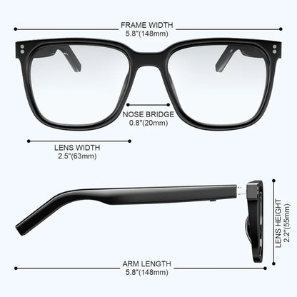 AI smart glasses with built-in translation for over 100 languages; transparent, blue-light-blocking, wireless ; magnetic clip-on ; translation controlled via an app; built-in speakers; 360 °   stereo sound