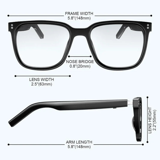 AI smart glasses with built-in translation for over 100 languages; transparent, blue-light-blocking, wireless ; magnetic clip-on ; translation controlled via an app; built-in speakers; 360 °   stereo sound