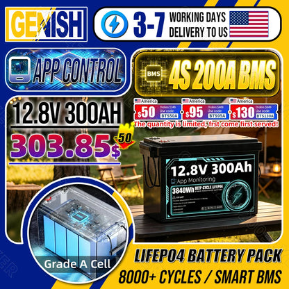 8000+ Cycles 12V 300Ah LiFePO4 Battery Grade A Builtin BT BMS 12.8V US Stock DIY 24V 48V For RV EV Golf Cart Solar Camping Yacht