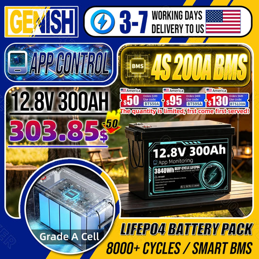 8000+ Cycles 12V 300Ah LiFePO4 Battery Grade A Builtin BT BMS 12.8V US Stock DIY 24V 48V For RV EV Golf Cart Solar Camping Yacht