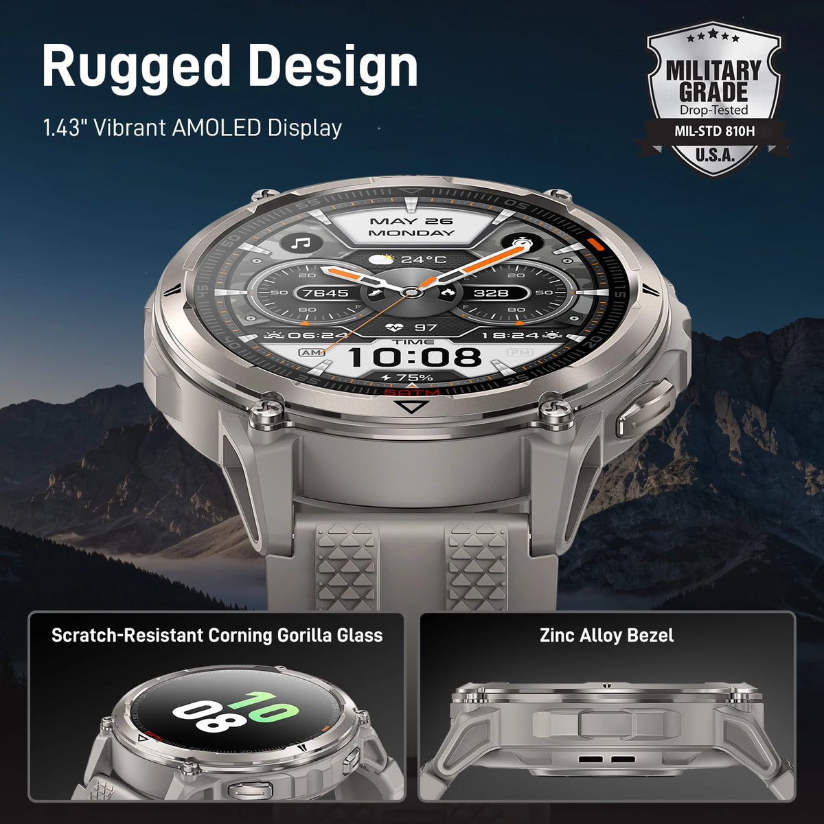 KOSPET ORB 2 Rugged Smartwatch for Men Dual Band GPS L1+L5 AMOLED 1.43" Military Watch 5ATM IP69 LED Flashlight 170+ Sports