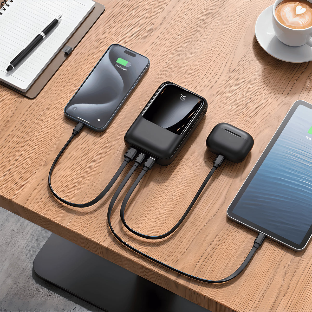 10000mAh Mini Portable Power Bank with Built-in 3 Charging Cables, Digital Display Fast Charging External Battery Pack for iPhone Android Travel