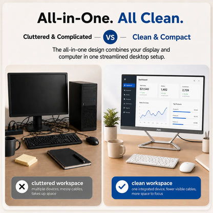 AOC 23.8 Inch All In One PC Desktop Computer, AMD Ryzen 5 3500U Processor, 16GB DDR4 RAM, 512GB SSD, Radeon Vega 8 Graphics, FHD 60Hz Display, Dual Speakers, WiFi, Wireless Keyboard And Mouse Included, Home Office Computer