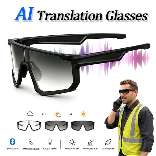 SMART PROTECTIVE GLASSES, AI REAL‑TIME TRANSLATION WORK GLASSES SUPPORT 160 LANGUAGES, PHOTOCHROMIC LENSES WITH BUILT‑IN MICROPHONE AND SPEAKER, MUSIC PLAYBACK FOR OUTDOOR SPORTS AND INDOOR WORK DAILY USE