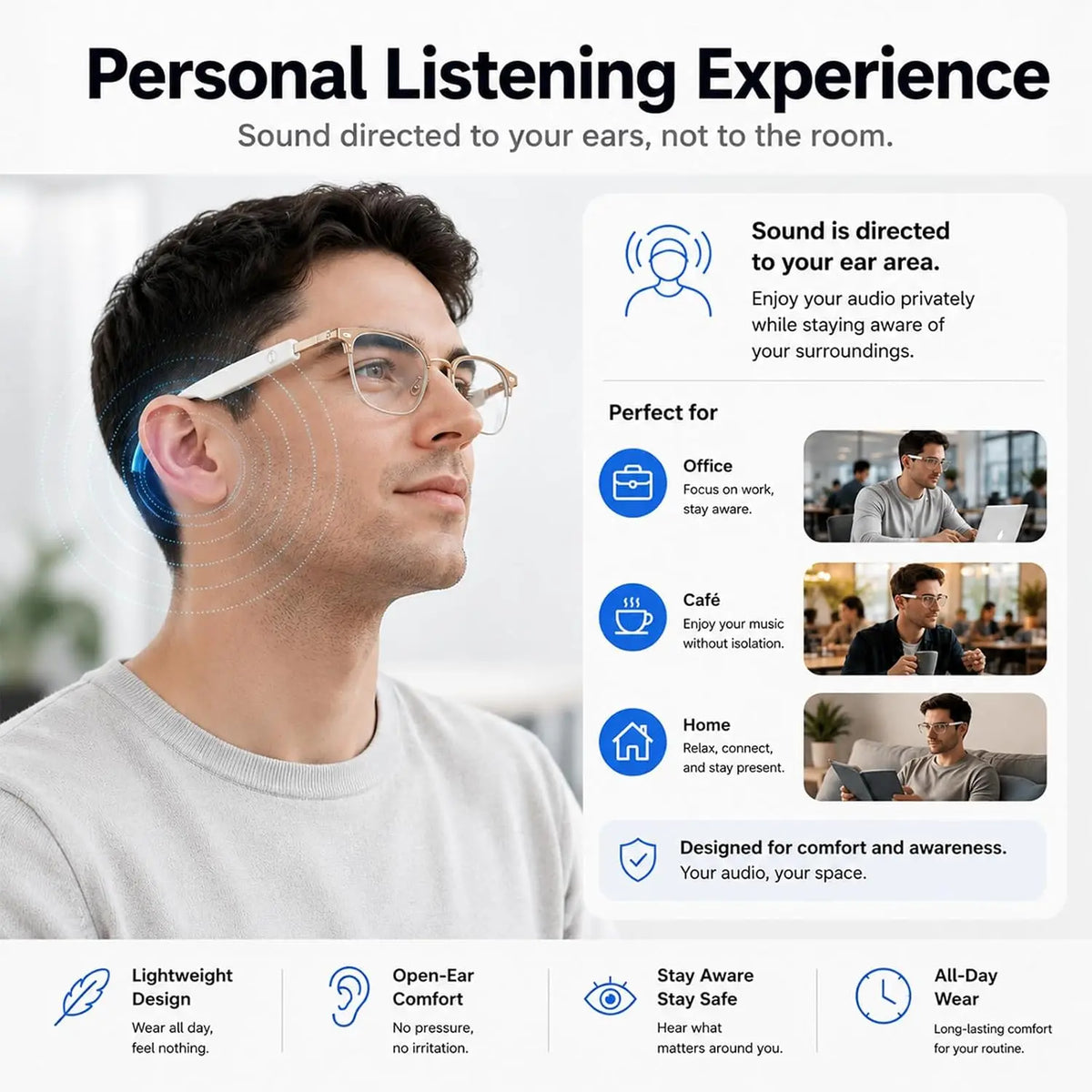 Adaptive Lens Open‑Ear Audio Glasses, Bluetooth Smart Sunglasses with Color‑Changing Lenses, Hands‑Free Calls, Music & Voice Assistant, Unisex Eyewear for Daily Work & Outdoor Scenarios